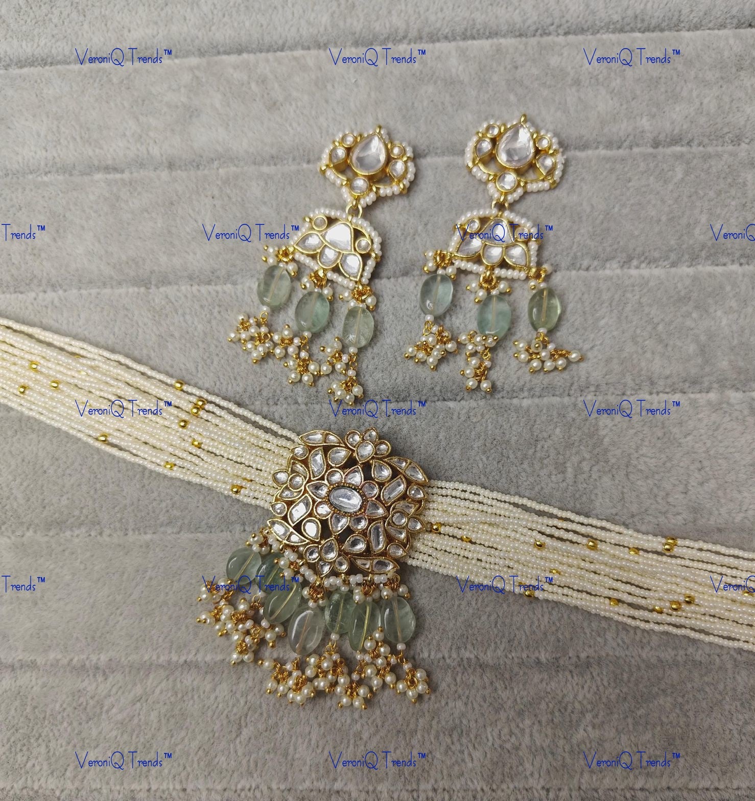 VeroniQ Trends-Multistrand Pearl Beaded Polki Choker Necklace With Mint Green Beads Polki-Gold Plated-Wedding Jewellery-Punjabi Jewellery-South Indian-Thappa Jewellery