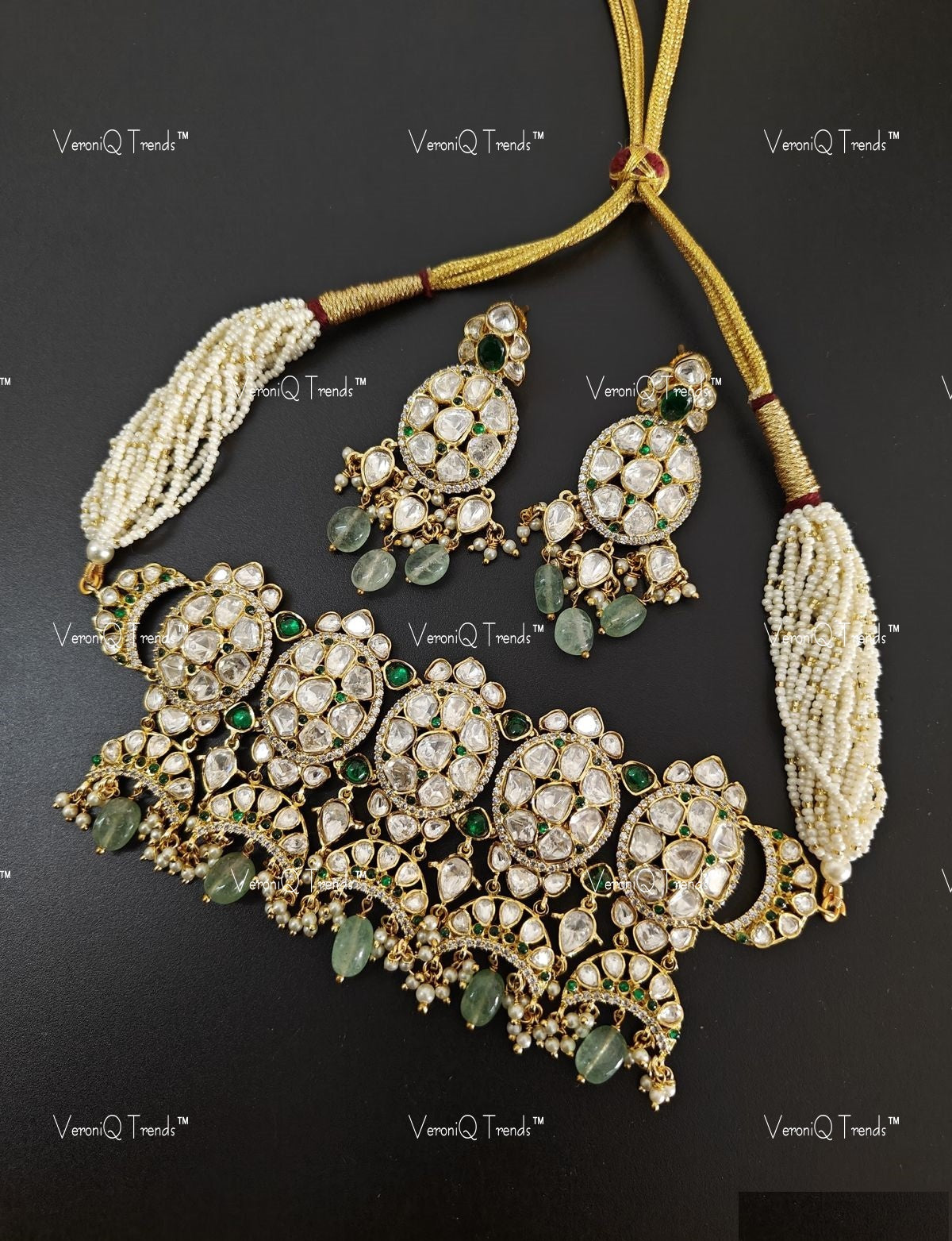 VeroniQ Trends-Multistrand Gold Plated Polki Choker Necklace Polki-Gold Plated-Wedding Jewellery-Punjabi Jewellery-South Indian-Thappa Jewellery