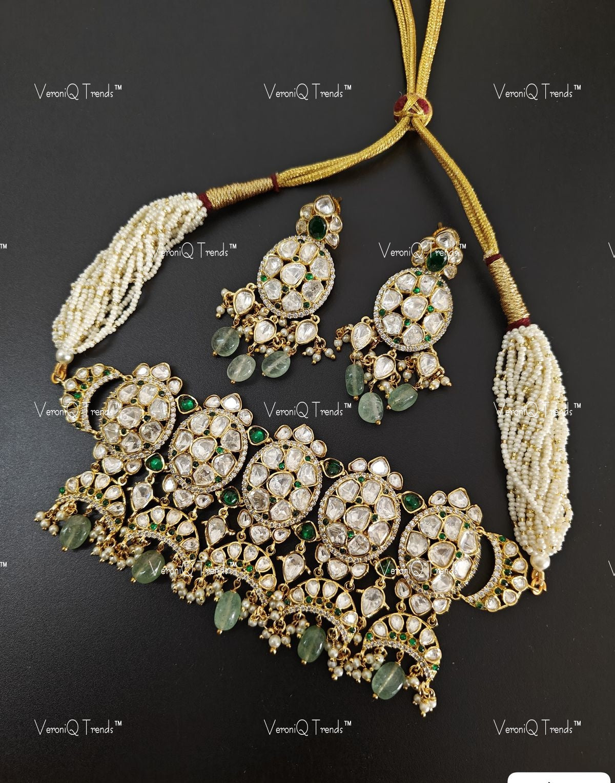 VeroniQ Trends-Multistrand Pearl Moon Design Polki Choker Necklace Polki-Gold Plated-Wedding Jewellery-Punjabi Jewellery-South Indian-Thappa Jewellery