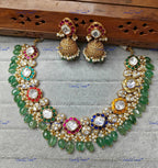 VeroniQ Trends-Multicolor With Green Beads Polki Necklace Polki-Gold Plated-Wedding Jewelry-Punjabi Jewelry-South Indian-Thappa Jewelry