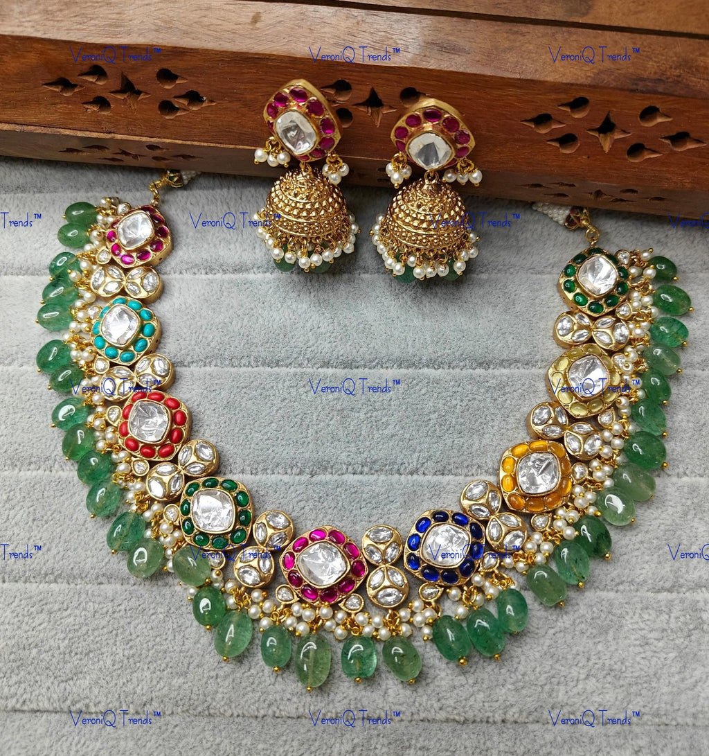 VeroniQ Trends-Multicolor With Green Beads Polki Necklace Polki-Gold Plated-Wedding Jewellery-Punjabi Jewellery-South Indian-Thappa Jewellery