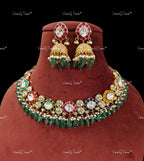 VeroniQ Trends-Multicolor With Green Beads Polki Necklace Polki-Gold Plated-Wedding Jewelry-Punjabi Jewelry-South Indian-Thappa Jewelry
