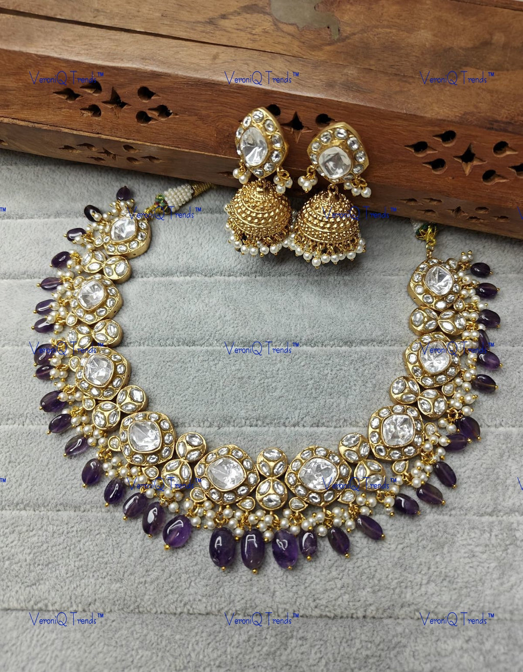 VeroniQ Trends-Multicolor With Green Beads Polki Necklace Polki-Gold Plated-Wedding Jewellery-Punjabi Jewellery-South Indian-Thappa Jewellery