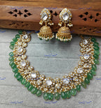 VeroniQ Trends-Multicolor With Green Beads Polki Necklace Polki-Gold Plated-Wedding Jewelry-Punjabi Jewelry-South Indian-Thappa Jewelry