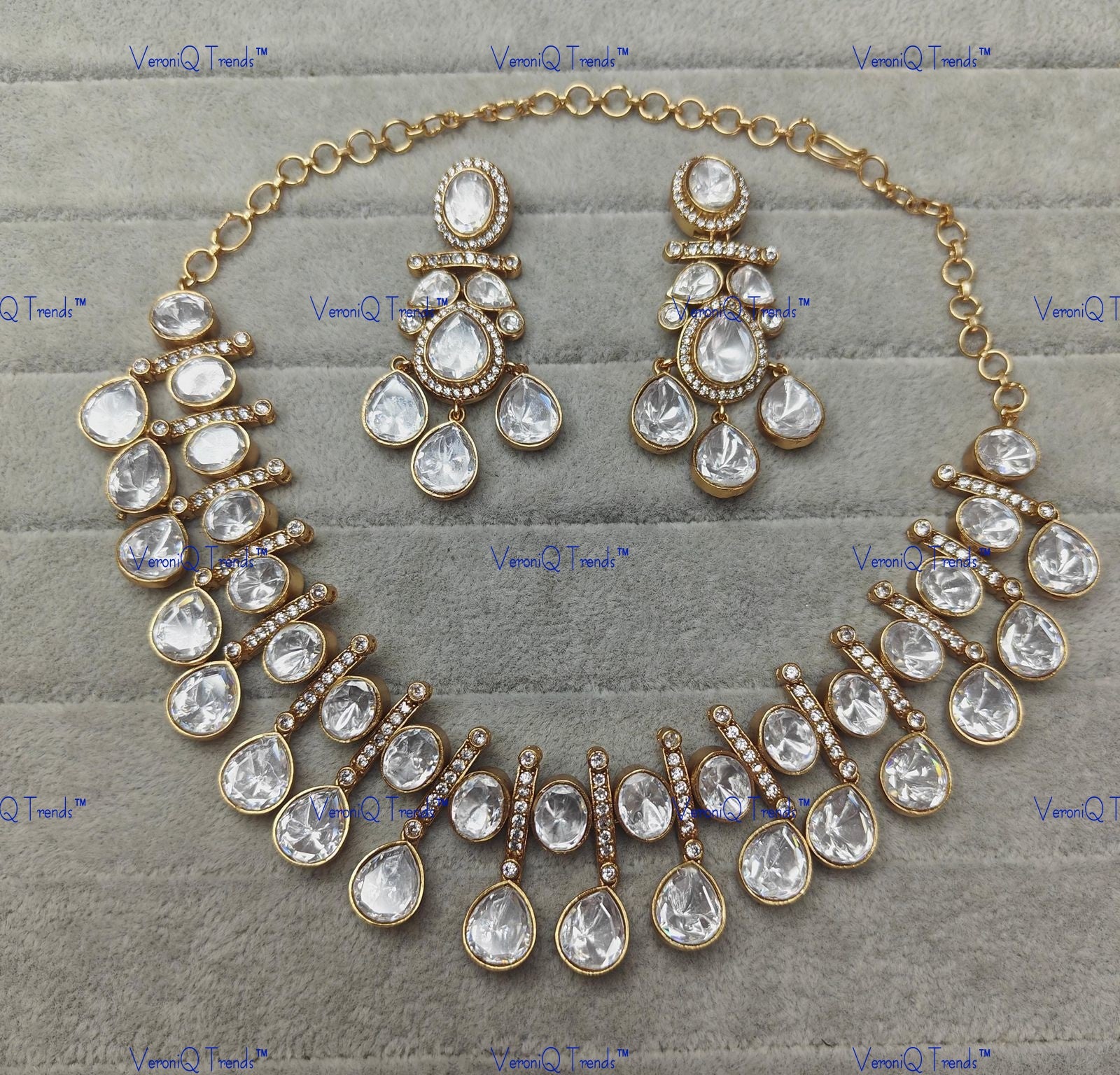 VeroniQ Trends-Party Look Gold Plated Diamond Look Polki Necklace Polki-Gold Plated-Wedding Jewellery-Punjabi Jewellery-South Indian-Thappa Jewellery