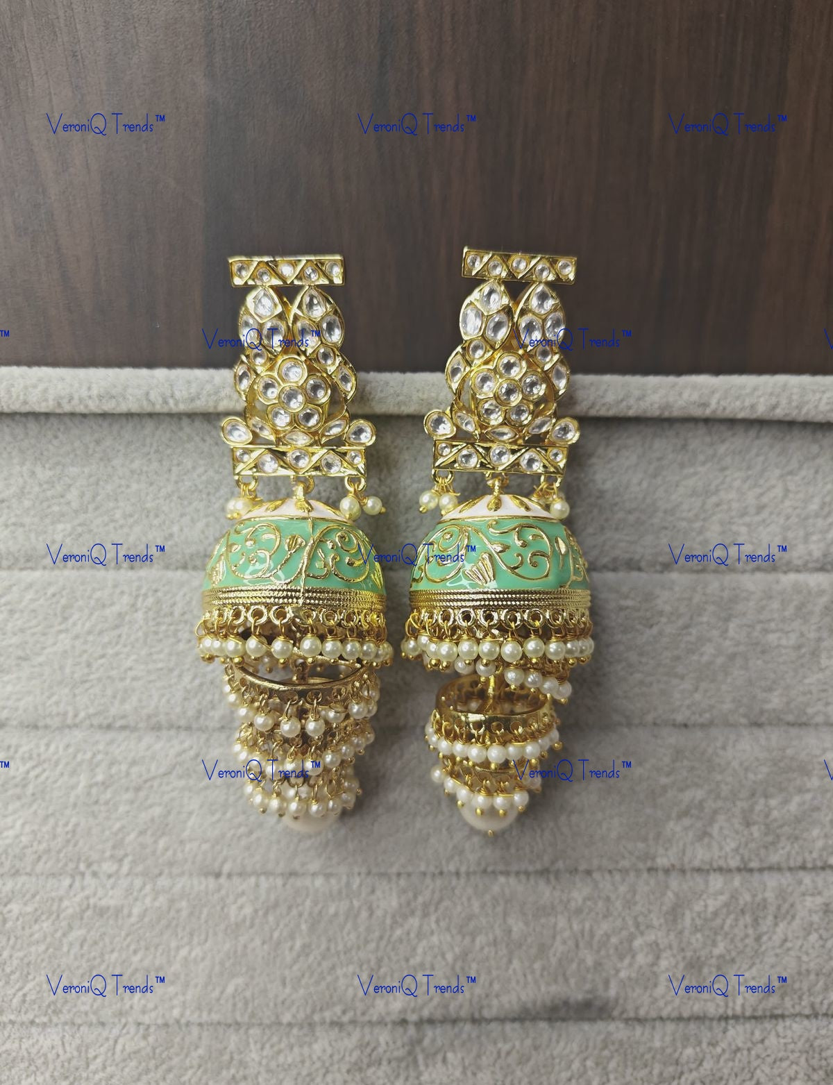 VeroniQ Trends-Mint Green Meenakari Gold Plated Polki Jhumki Earrings Polki-Gold Plated-Wedding Jewellery-Punjabi Jewellery-South Indian-Thappa Jewellery