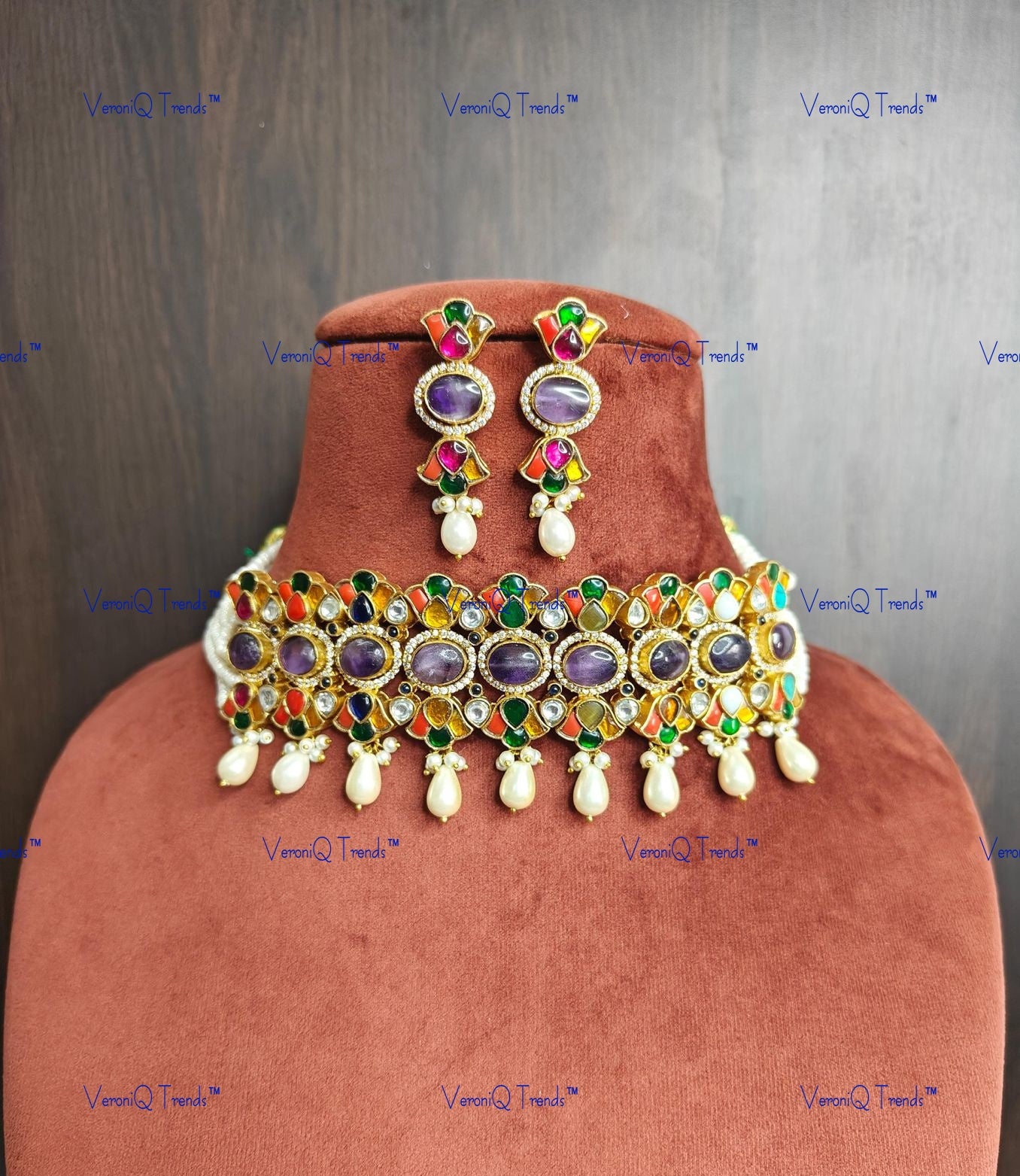 VeroniQ Trends-Gold Plated Multicolor Polki Choker Necklace With White Beads Polki-Gold Plated-Wedding Jewellery-Punjabi Jewellery-South Indian-Thappa Jewellery