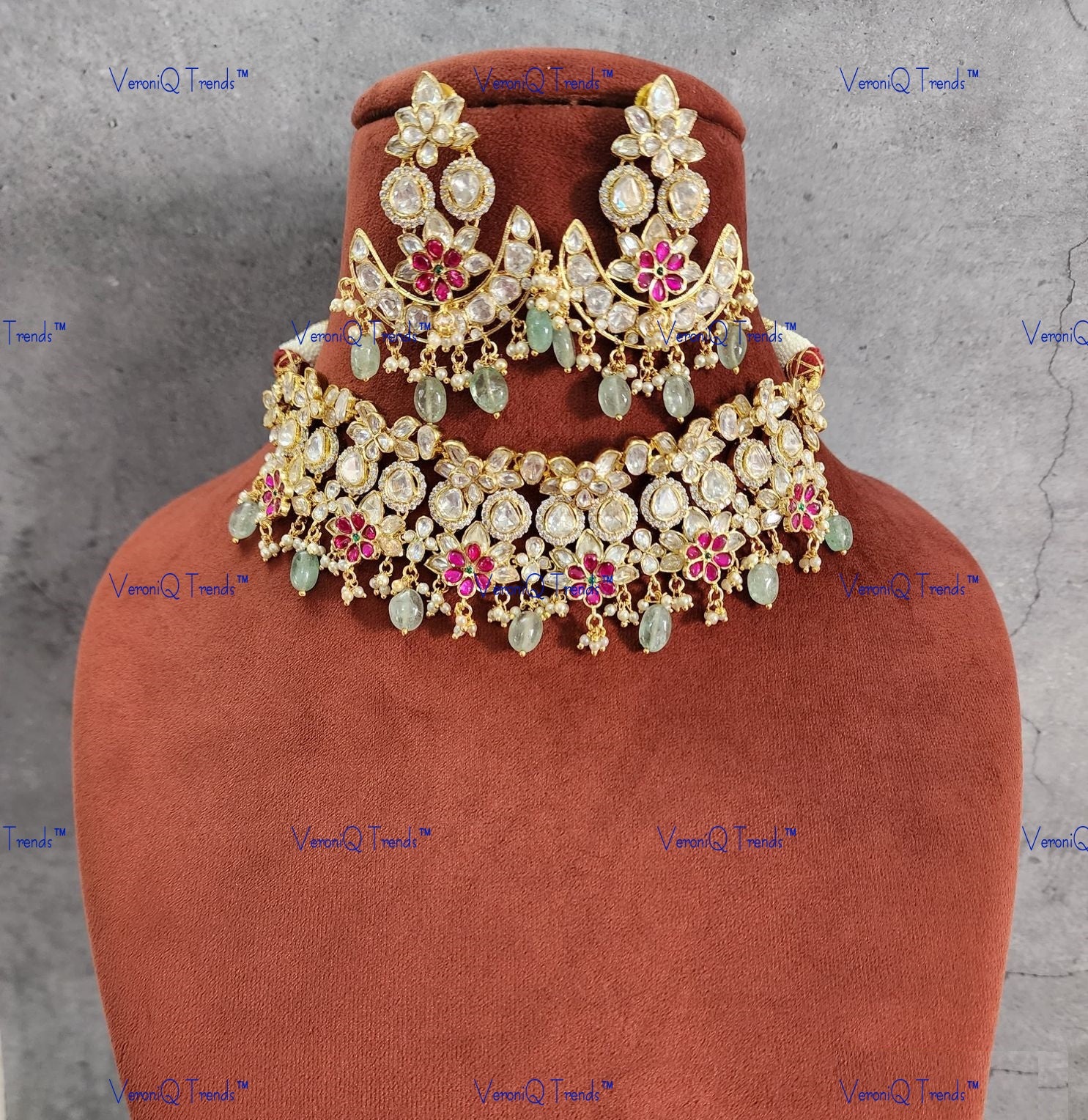 VeroniQ Trends-Beautiful Design Gold Plated Polki Choker Necklace Polki-Gold Plated-Wedding Jewellery-Punjabi Jewellery-South Indian-Thappa Jewellery