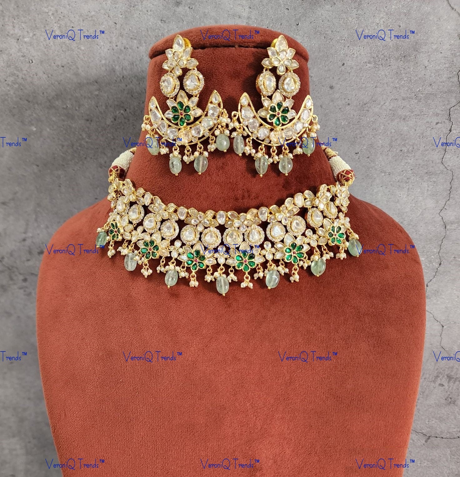 VeroniQ Trends-Beautiful Design Gold Plated Polki Choker Necklace Polki-Gold Plated-Wedding Jewellery-Punjabi Jewellery-South Indian-Thappa Jewellery
