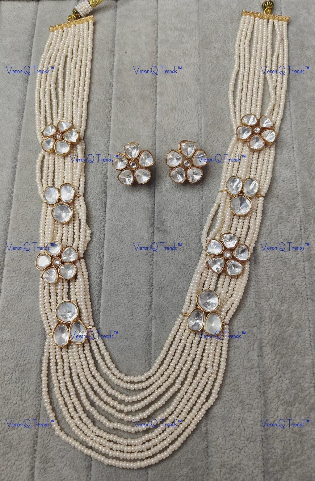 VeroniQ Trends-Gold Plated Multistrand Beaded Polki Long Necklace Polki-Gold Plated-Wedding Jewellery-Punjabi Jewellery-South Indian-Thappa Jewellery