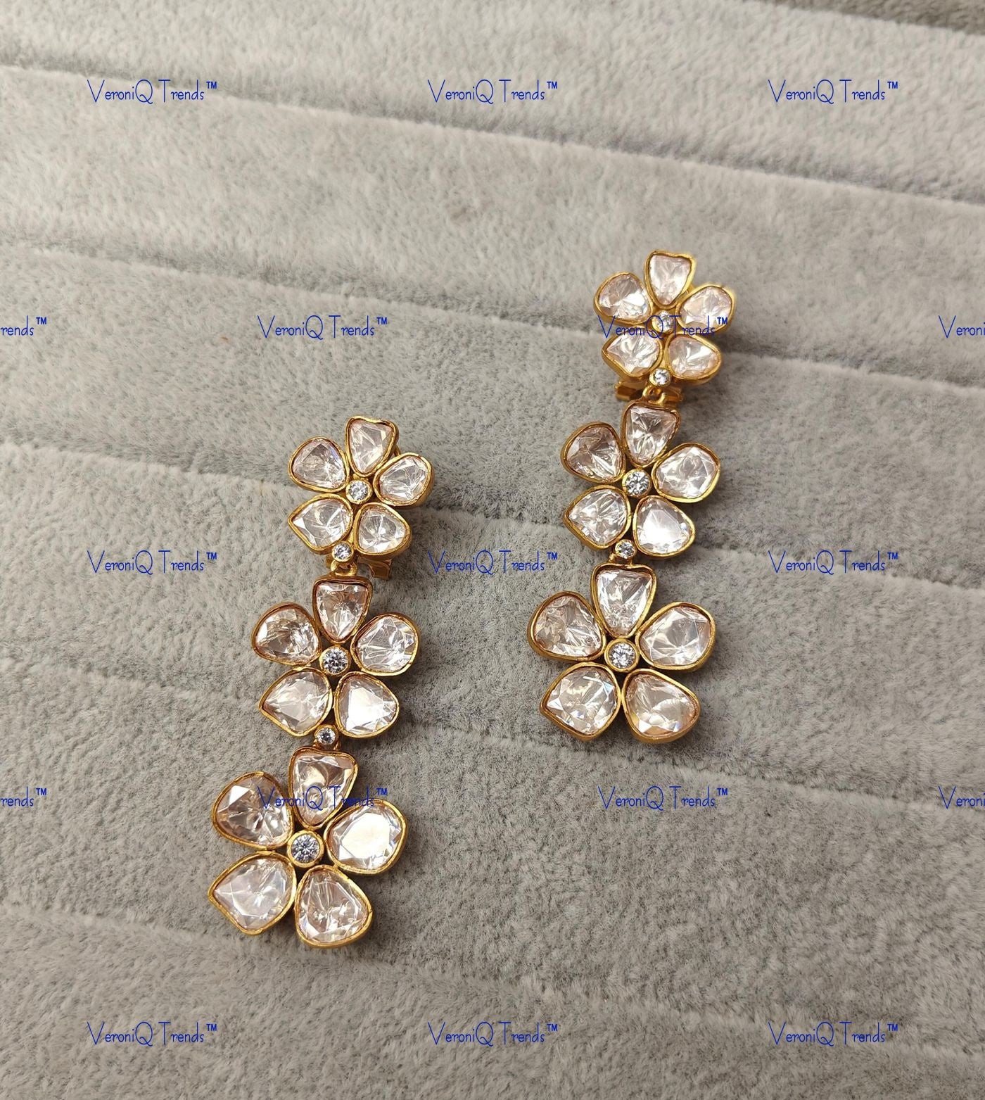 VeroniQ Trends-Flower Design Gold Plated Polki Earrings Polki-Gold Plated-Wedding Jewellery-Punjabi Jewellery-South Indian-Thappa Jewellery