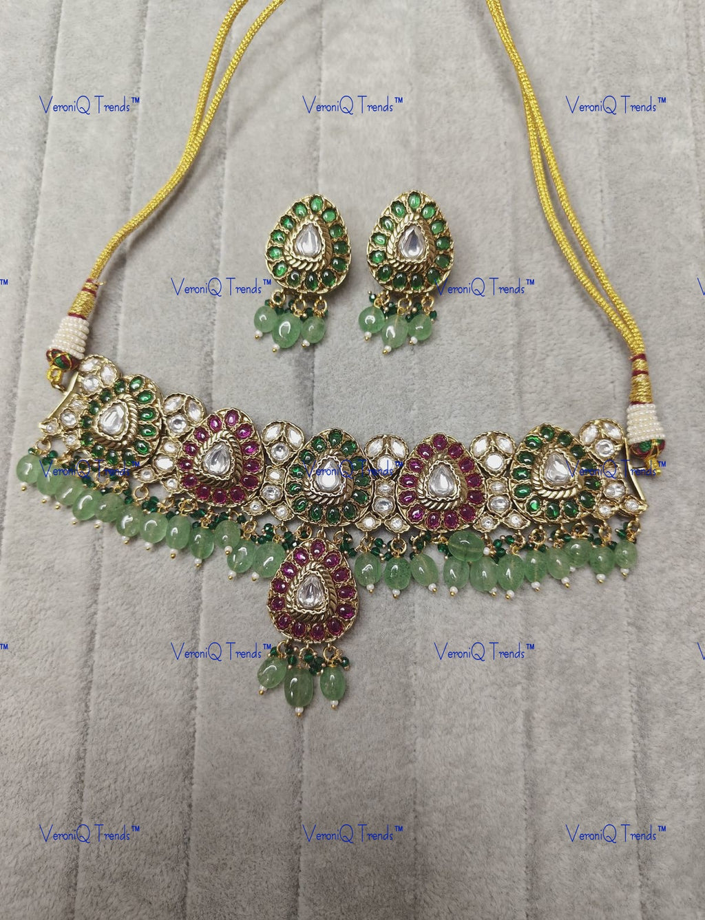 VeroniQ Trends-Traditional Multicolor Gold Plated Polki Choker Necklace Polki-Gold Plated-Wedding Jewellery-Punjabi Jewellery-South Indian-Thappa Jewellery