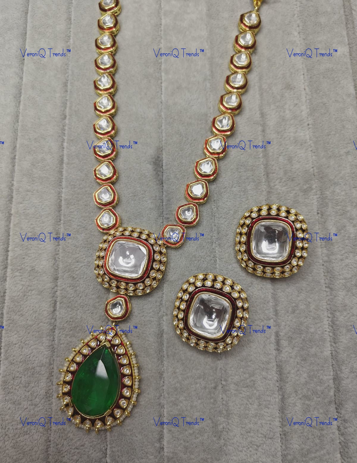 VeroniQ Trends-Traditional Emerald Green Stone Pendant Gold Plated Polki Long Necklace Polki-Gold Plated-Wedding Jewellery-Punjabi Jewellery-South Indian-Thappa Jewellery