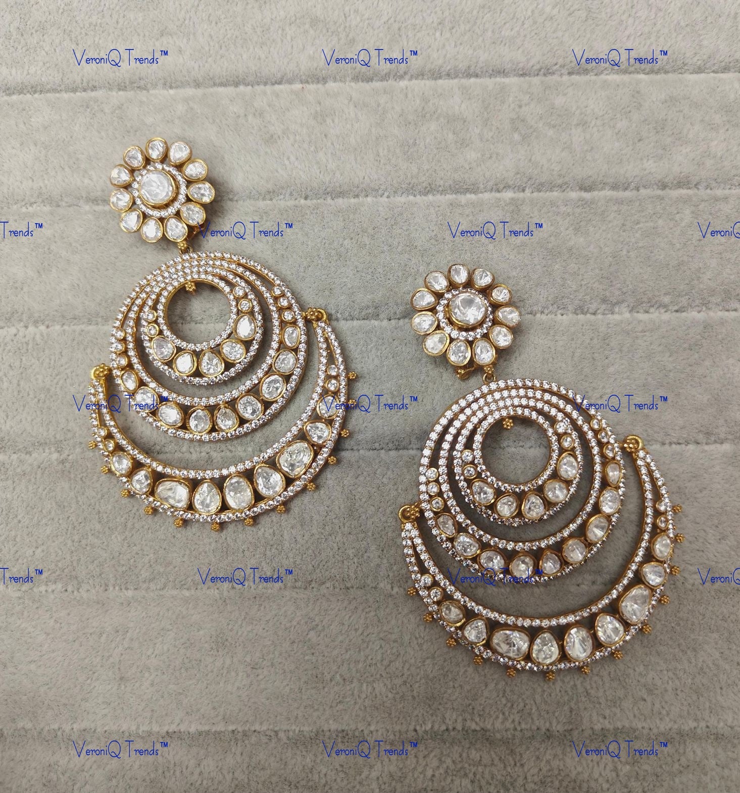 VeroniQ Trends-Beautiful Gold Plated Polki Chandbali Earrings Polki-Gold Plated-Wedding Jewellery-Punjabi Jewellery-South Indian-Thappa Jewellery