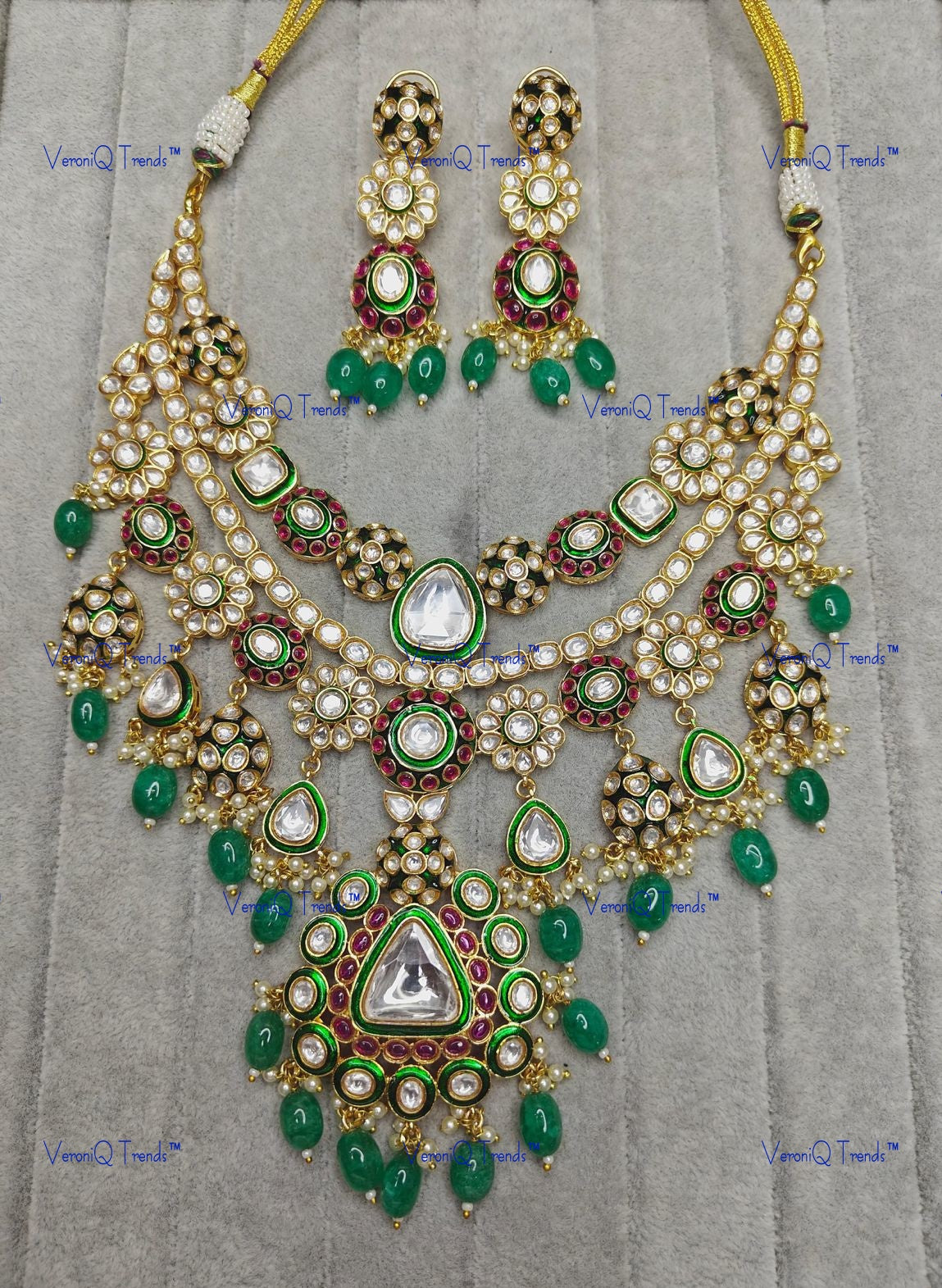 VeroniQ Trends-Traditional Green Carved Gold Plated Double Line Polki Choker Necklace Polki-Gold Plated-Wedding Jewellery-Punjabi Jewellery-South Indian-Thappa Jewellery