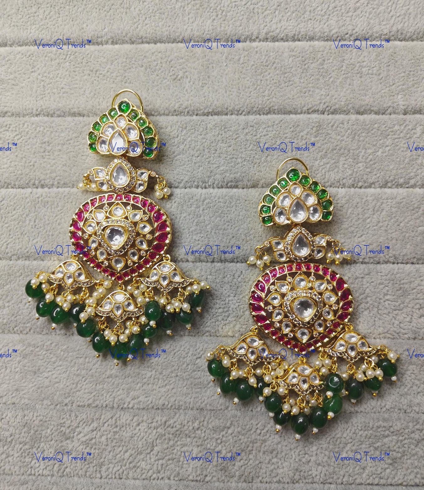 VeroniQ Trends-Traditional Gold Plated Polki Earrings With Green Beads Polki-Gold Plated-Wedding Jewellery-Punjabi Jewellery-South Indian-Thappa Jewellery
