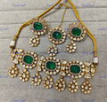 VeroniQ Trends-Elegant Emerald Green Stone Gold Plated Polki Choker Necklace Polki-Gold Plated-Wedding Jewellery-Punjabi Jewellery-South Indian-Thappa Jewellery