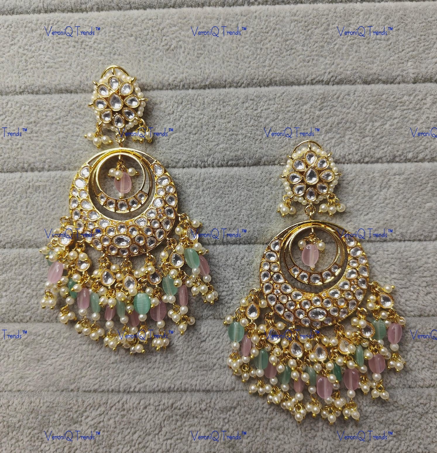 VeroniQ Trends-Beautiful Gold Plated Polki Chandbali Earrings With Beads Polki-Gold Plated-Wedding Jewellery-Punjabi Jewellery-South Indian-Thappa Jewellery