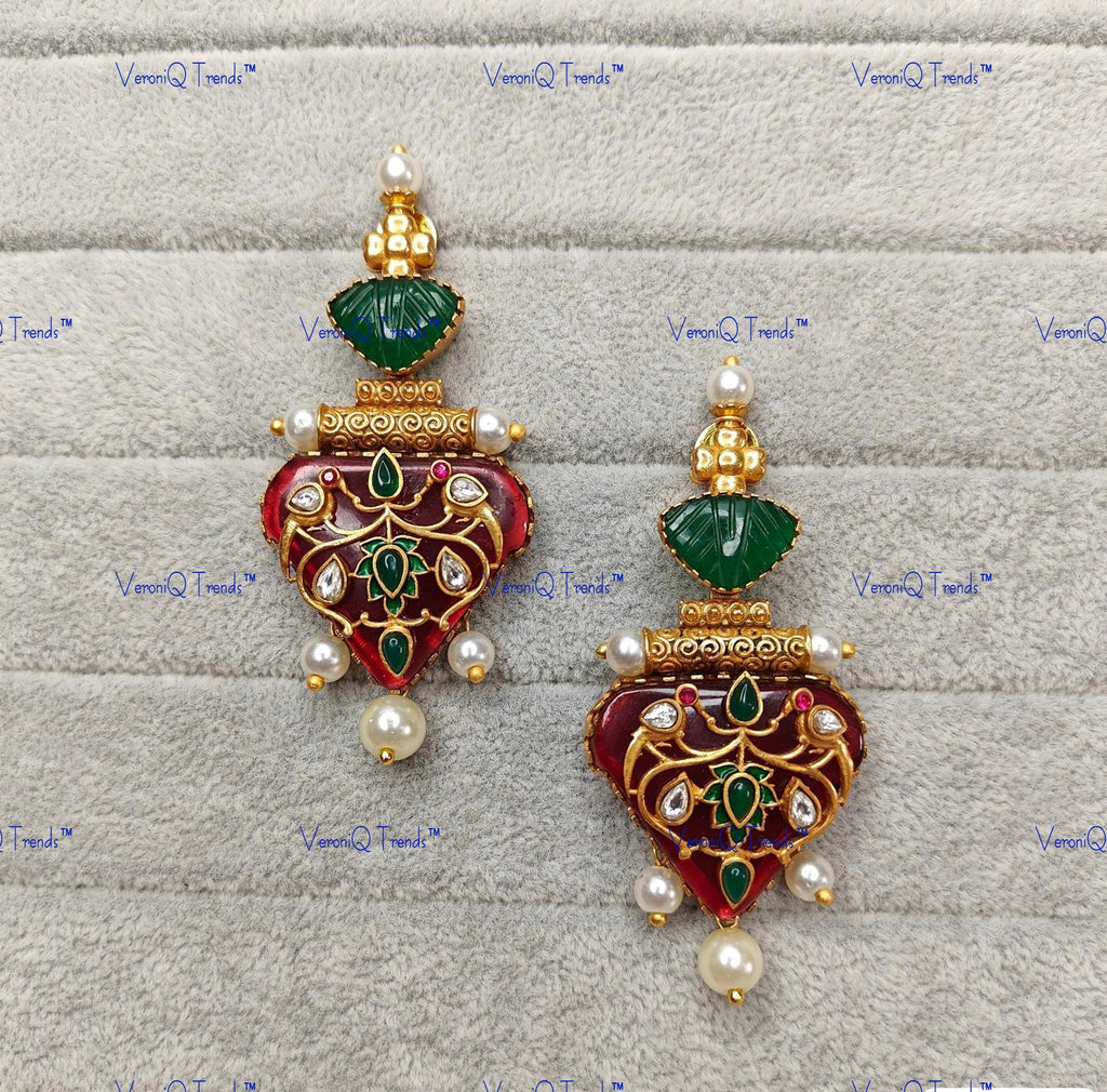 VeroniQ Trends-Green Carved Pink Stone Polki Earrings Polki-Gold Plated-Wedding Jewellery-Punjabi Jewellery-South Indian-Thappa Jewellery