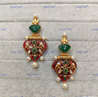 VeroniQ Trends-Green Carved Pink Stone Polki Earrings Polki-Gold Plated-Wedding Jewelry-Punjabi Jewelry-South Indian-Thappa Jewelry