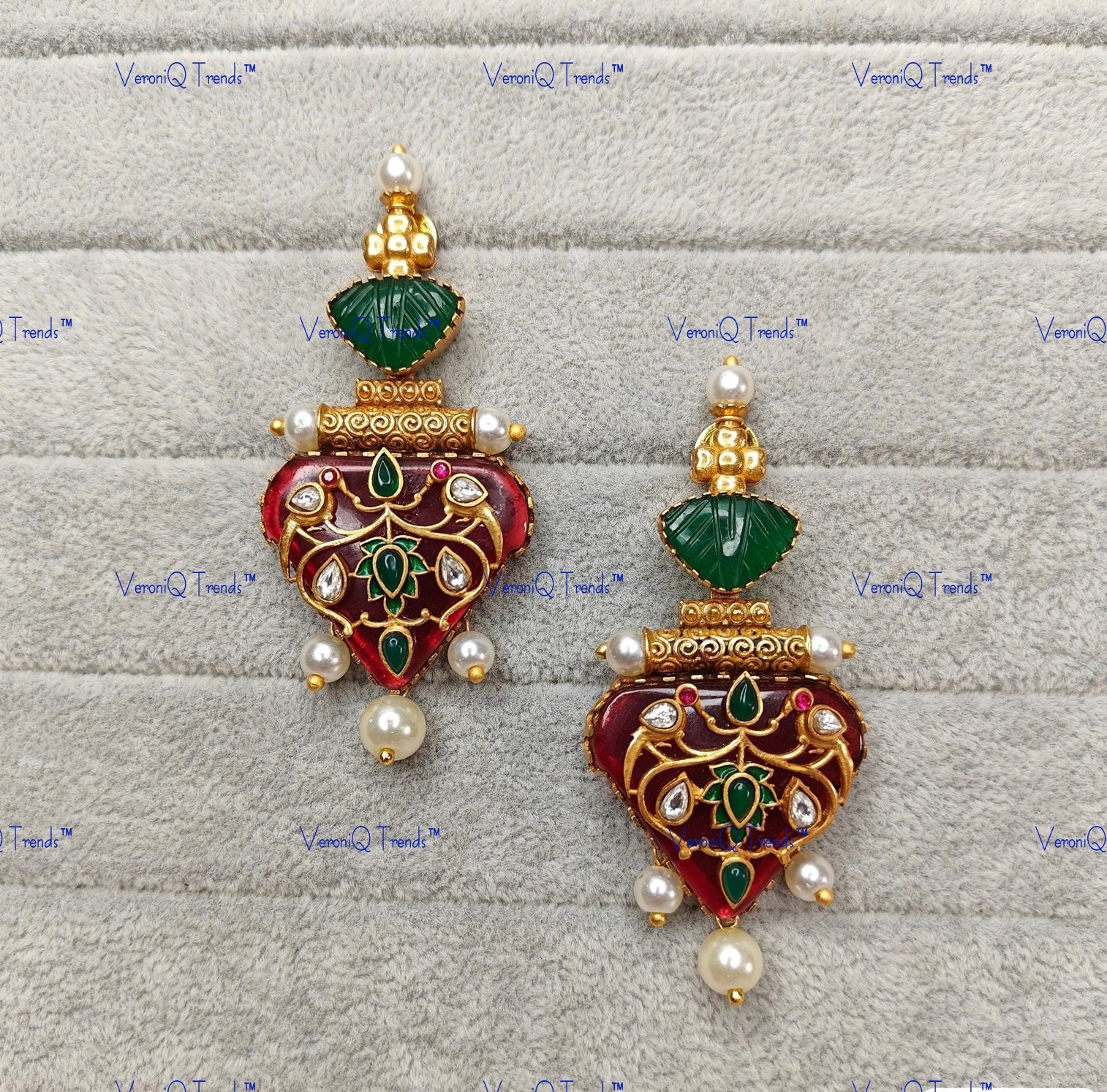 VeroniQ Trends-Green Carved Pink Stone Polki Earrings Polki-Gold Plated-Wedding Jewellery-Punjabi Jewellery-South Indian-Thappa Jewellery