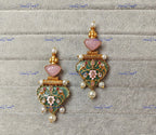 VeroniQ Trends-Green Carved Pink Stone Polki Earrings Polki-Gold Plated-Wedding Jewelry-Punjabi Jewelry-South Indian-Thappa Jewelry