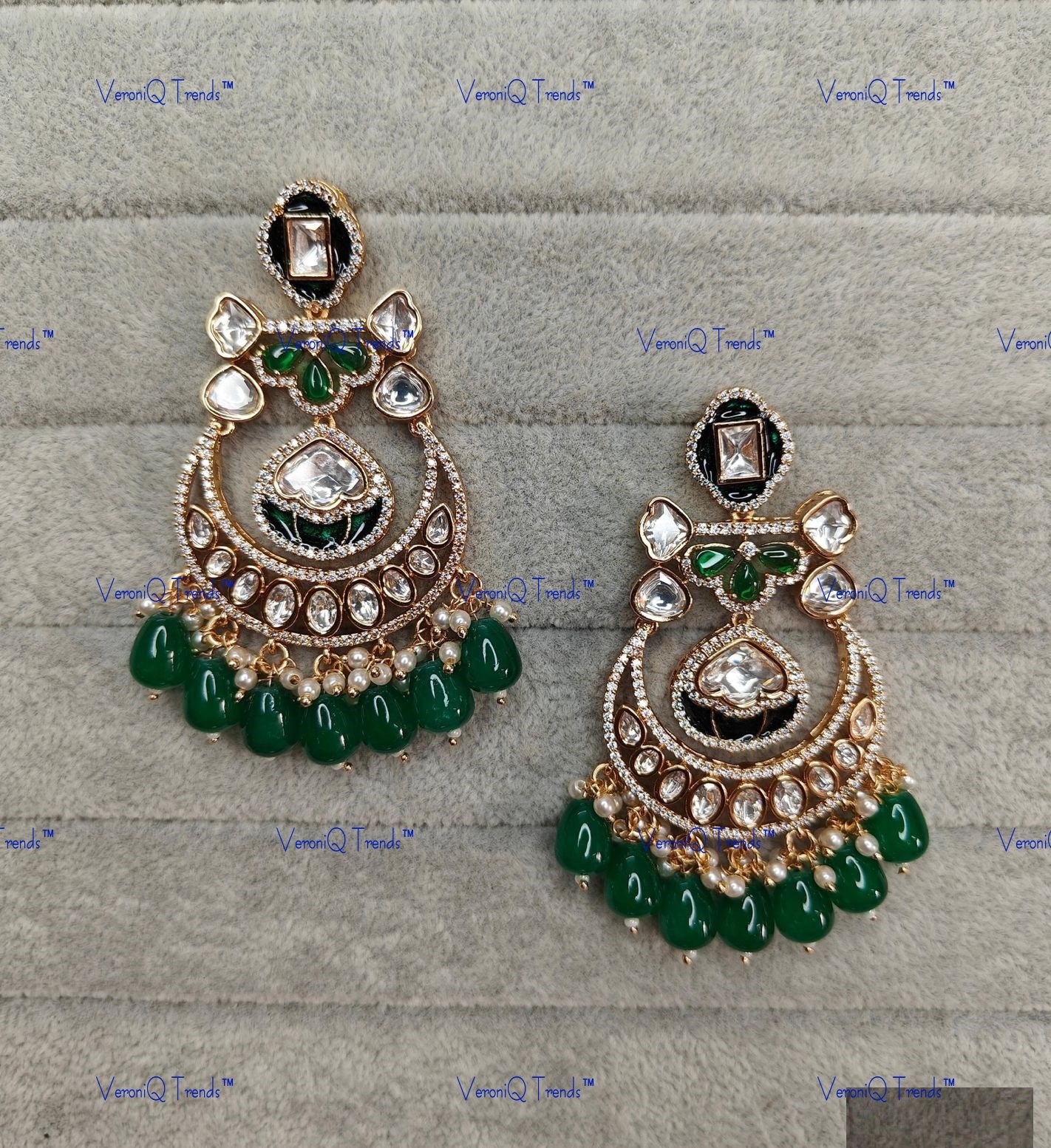 VeroniQ Trends-Gold Plated Polki Chandbali Earrings With Beads Polki-Gold Plated-Wedding Jewellery-Punjabi Jewellery-South Indian-Thappa Jewellery