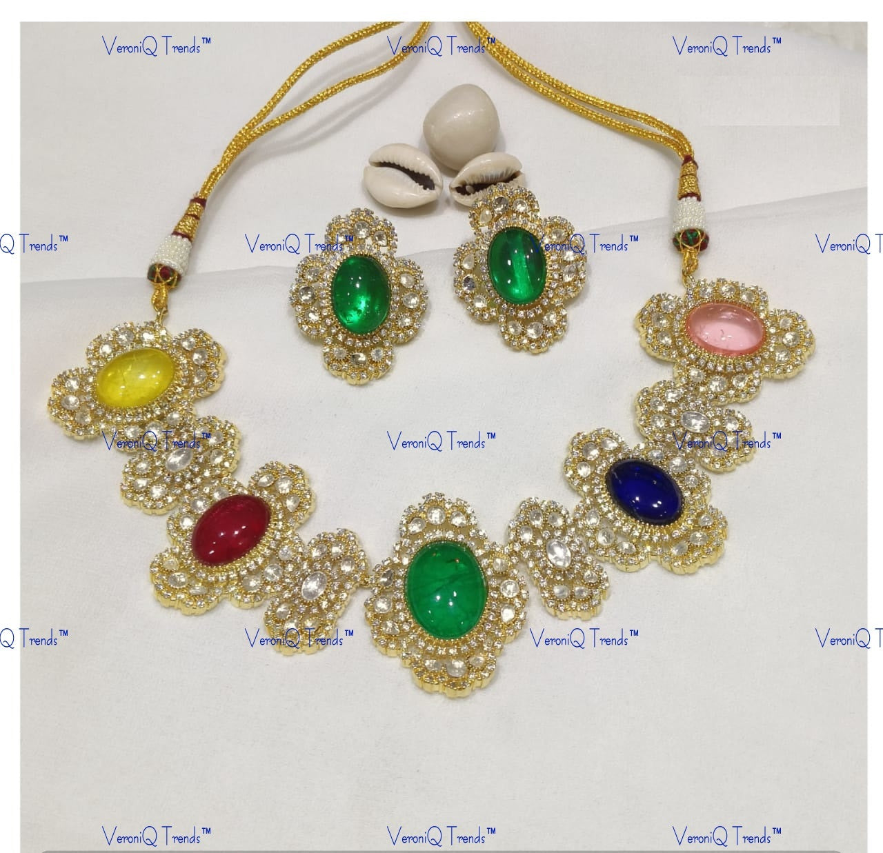 VeroniQ Trends-Cocktail Party Navratan Polki Choker Necklace Polki-Gold Plated-Wedding Jewellery-Punjabi Jewellery-South Indian-Thappa Jewellery