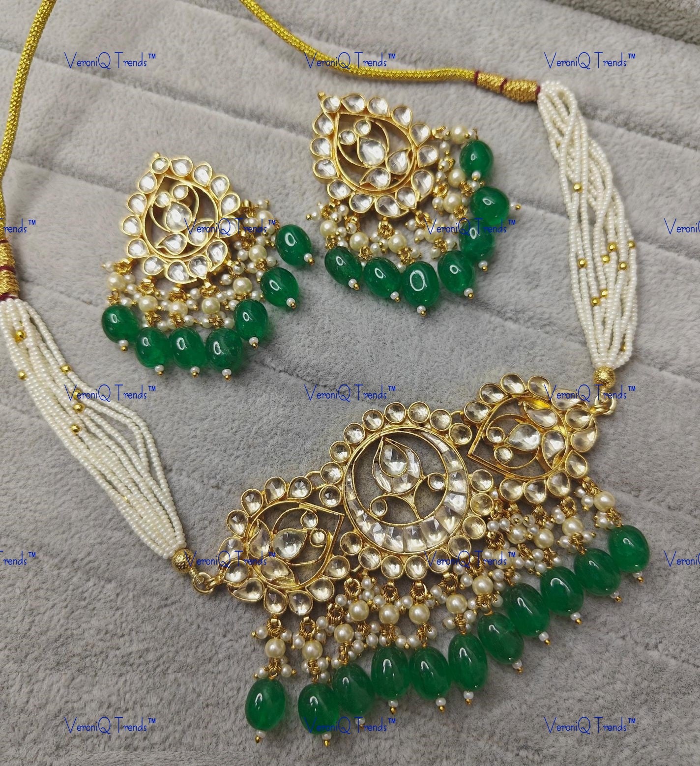 VeroniQ Trends-Rajwadi Style Multistrand Gold Plated Polki Choker Necklace Polki-Gold Plated-Wedding Jewellery-Punjabi Jewellery-South Indian-Thappa Jewellery