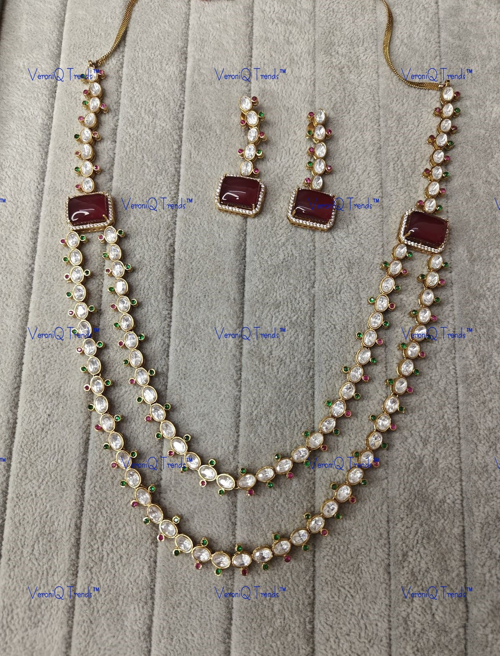 VeroniQ Trends-Double Line Gold Plated Polki Long Necklace Polki-Gold Plated-Wedding Jewellery-Punjabi Jewellery-South Indian-Thappa Jewellery