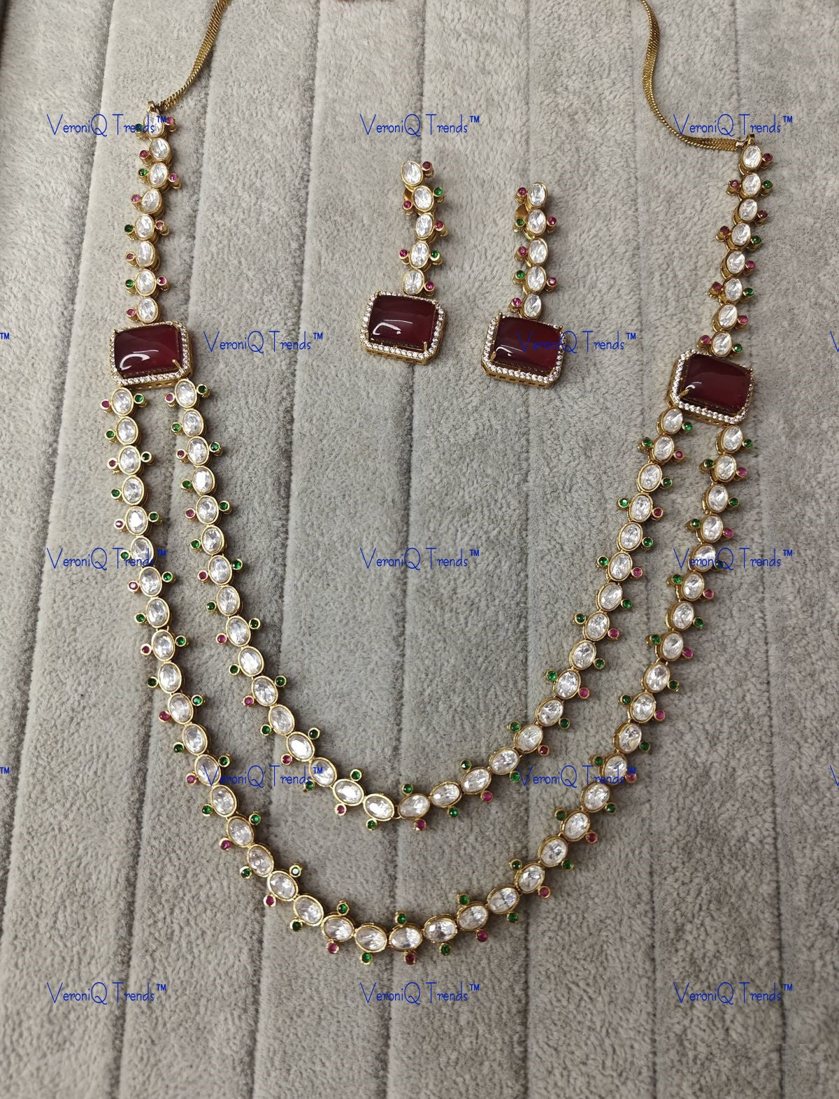 VeroniQ Trends-Double Line Gold Plated Polki Long Necklace Polki-Gold Plated-Wedding Jewellery-Punjabi Jewellery-South Indian-Thappa Jewellery