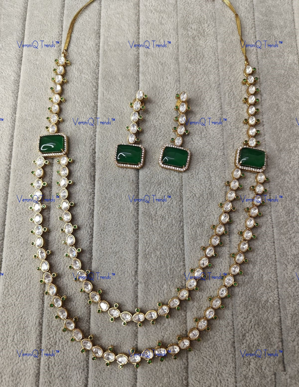 VeroniQ Trends-Double Line Gold Plated Polki Long Necklace Polki-Gold Plated-Wedding Jewellery-Punjabi Jewellery-South Indian-Thappa Jewellery