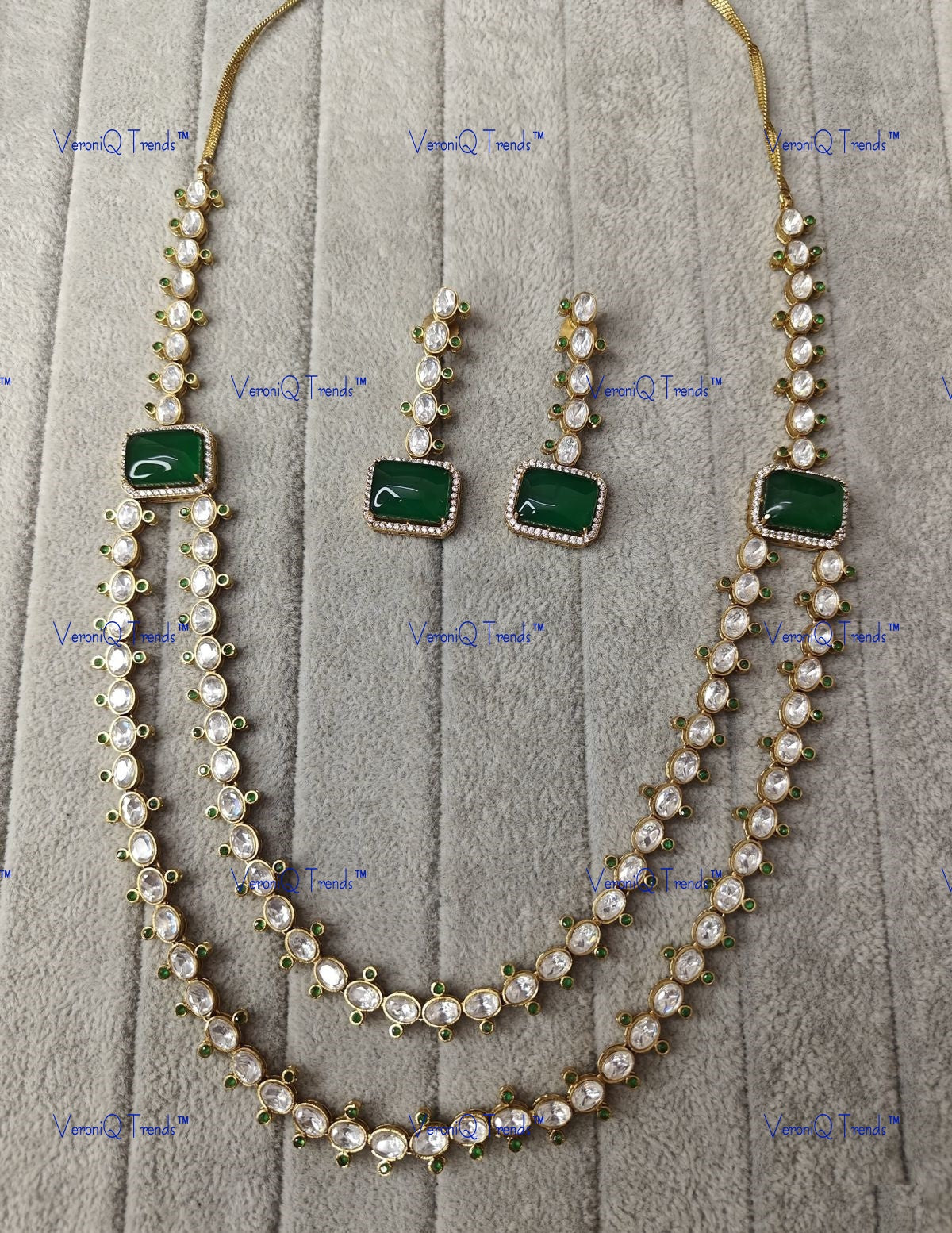 VeroniQ Trends-Double Line Gold Plated Polki Long Necklace Polki-Gold Plated-Wedding Jewellery-Punjabi Jewellery-South Indian-Thappa Jewellery