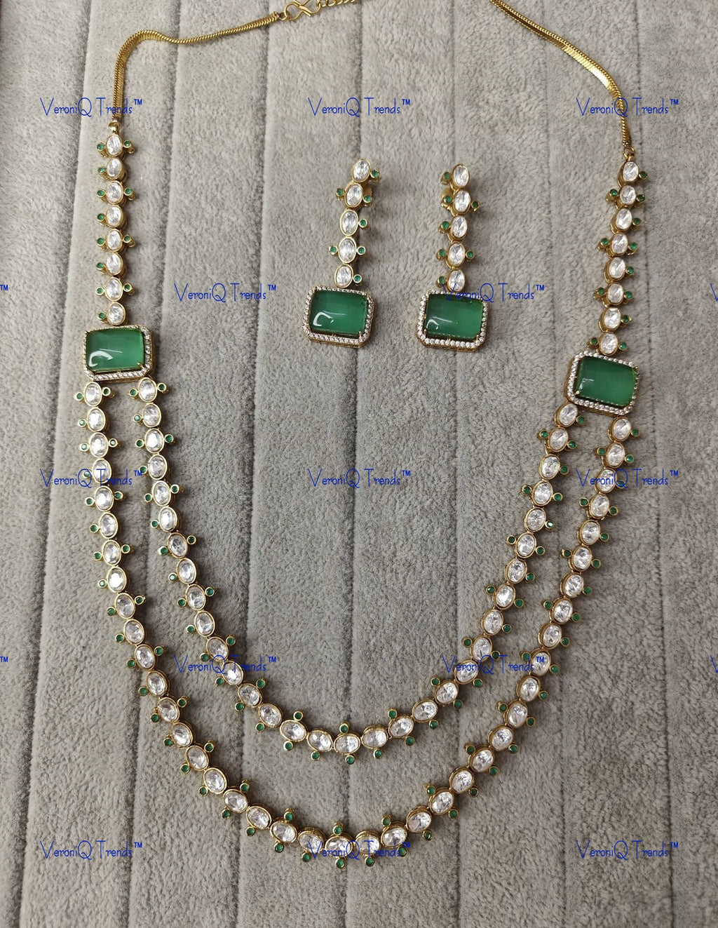 VeroniQ Trends-Double Line Gold Plated Polki Long Necklace Polki-Gold Plated-Wedding Jewellery-Punjabi Jewellery-South Indian-Thappa Jewellery