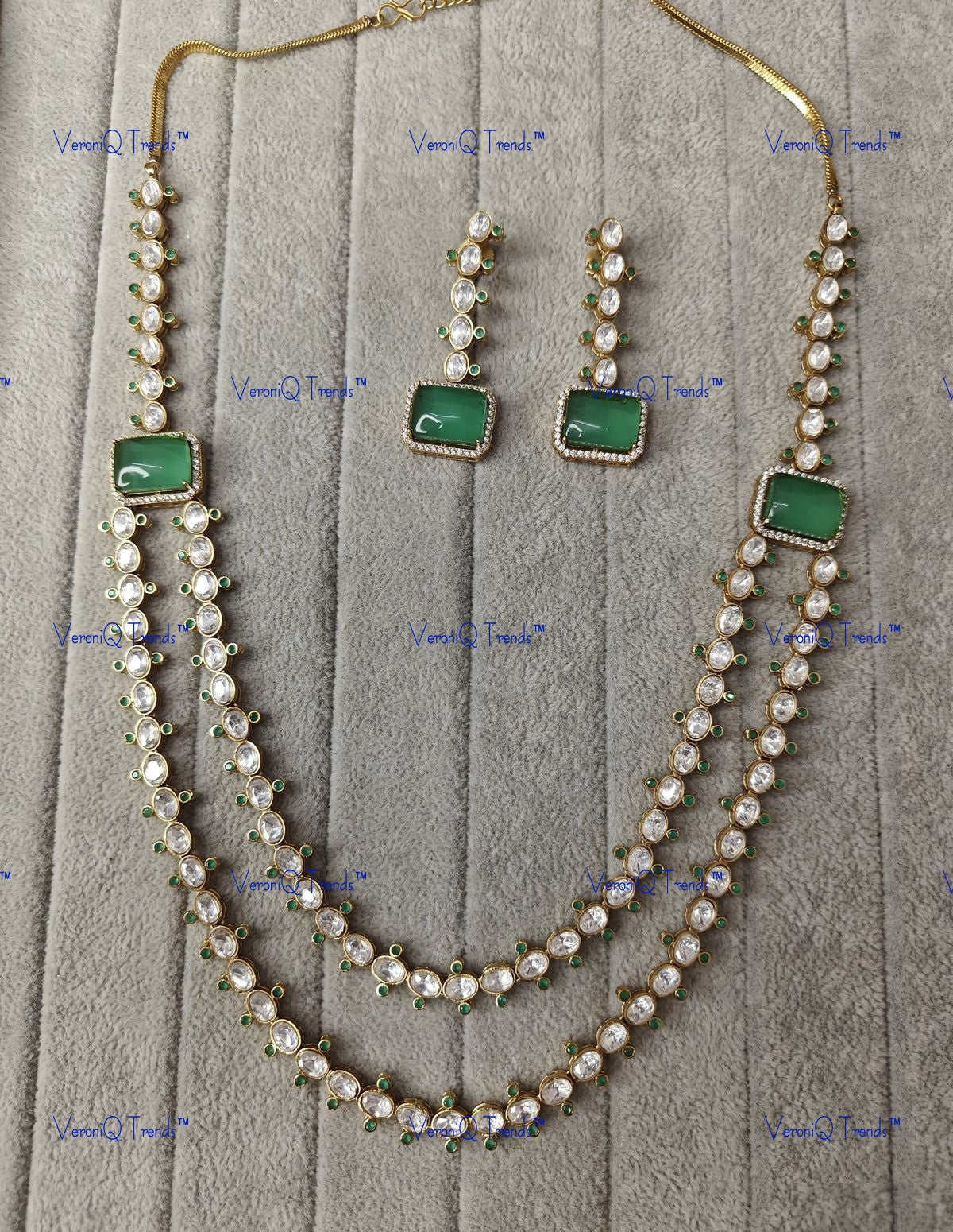 VeroniQ Trends-Double Line Gold Plated Polki Long Necklace Polki-Gold Plated-Wedding Jewellery-Punjabi Jewellery-South Indian-Thappa Jewellery