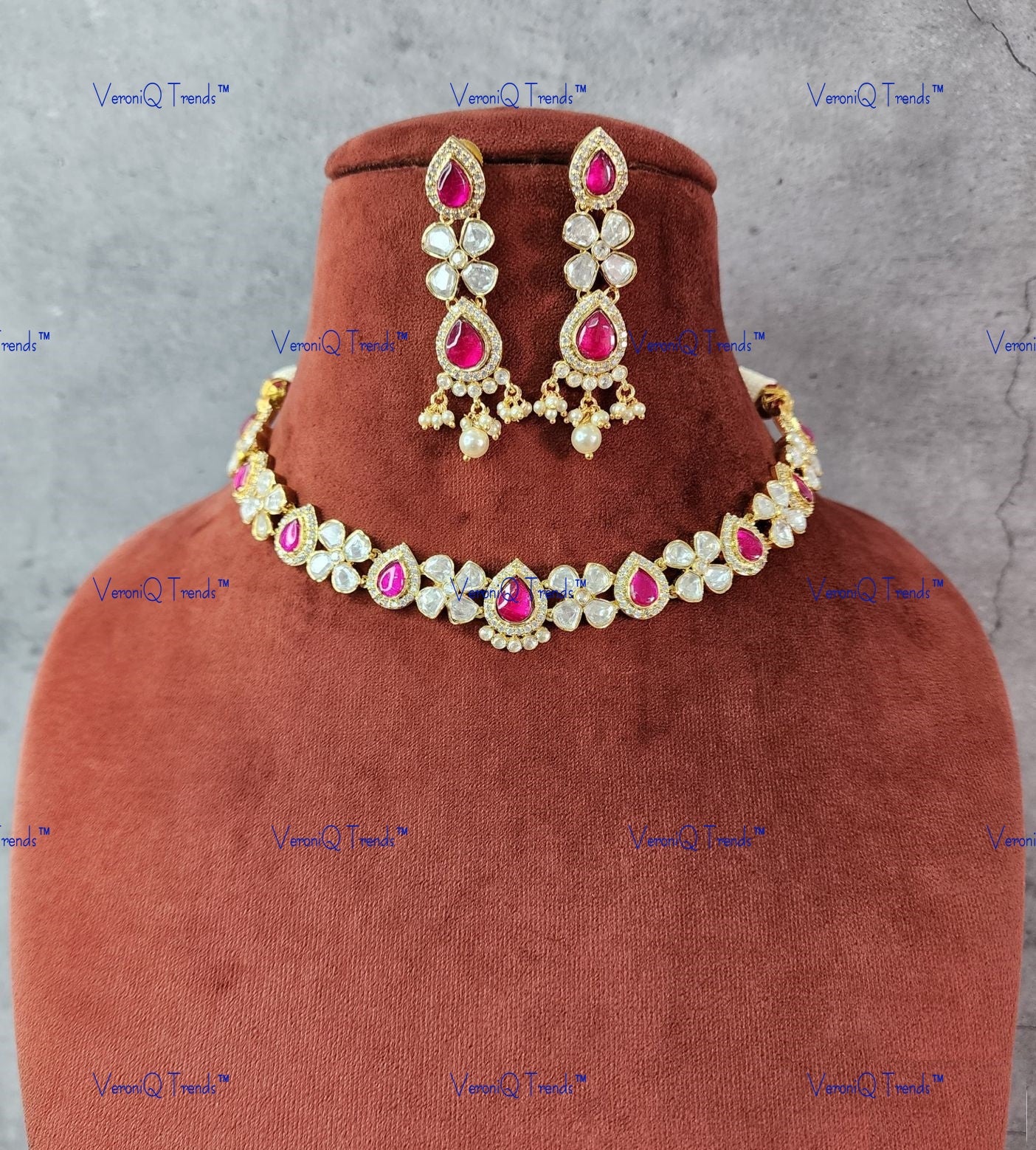 VeroniQ Trends-Gold Plated Polki Choker Necklace Polki-Gold Plated-Wedding Jewellery-Punjabi Jewellery-South Indian-Thappa Jewellery