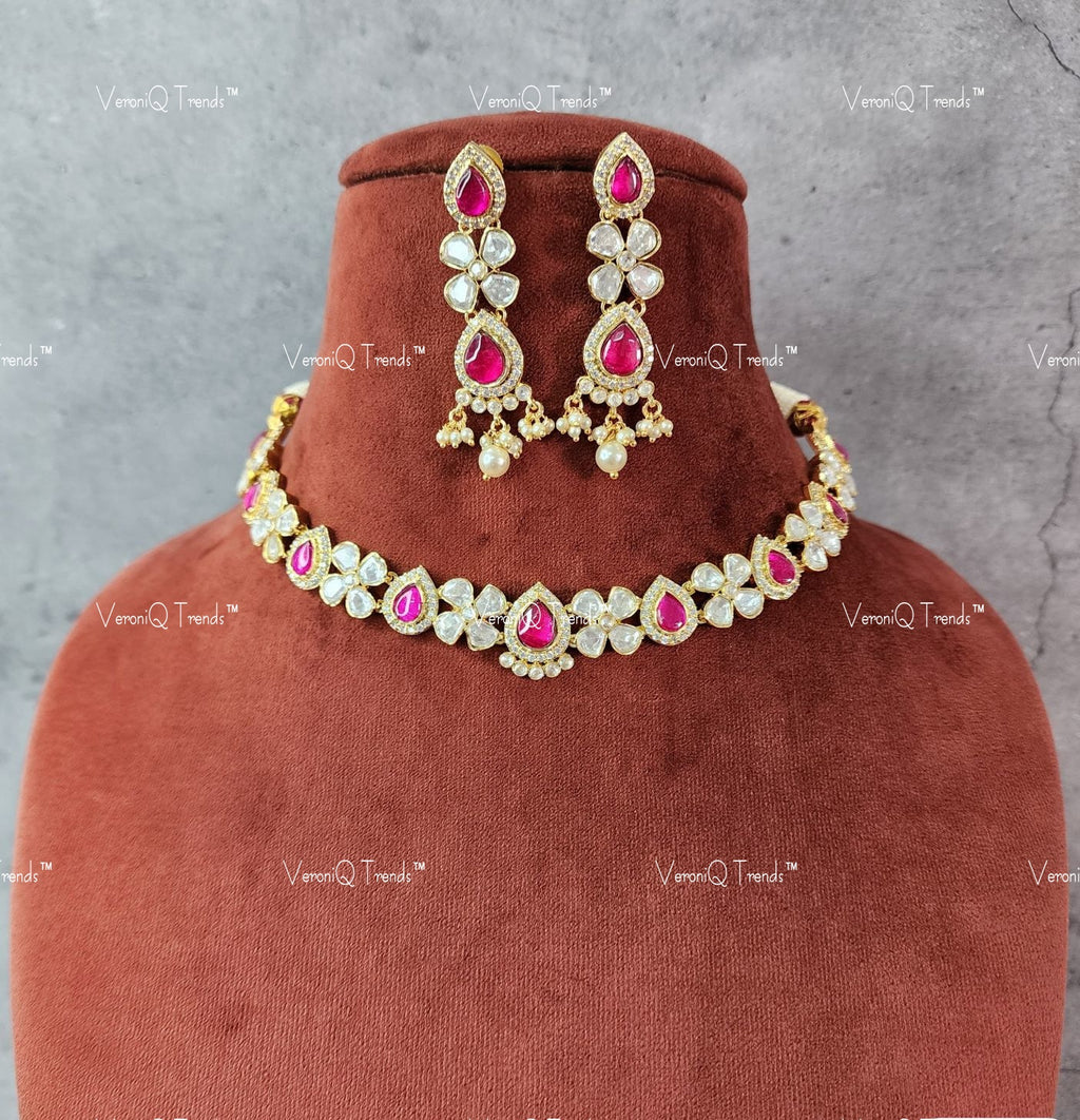 VeroniQ Trends-Floral Design Polki Choker Necklace Polki-Gold Plated-Wedding Jewellery-Punjabi Jewellery-South Indian-Thappa Jewellery