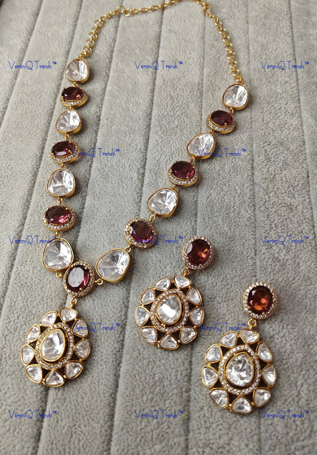 VeroniQ Trends-Party Look Polki Stone Long Necklace Polki-Gold Plated-Wedding Jewellery-Punjabi Jewellery-South Indian-Thappa Jewellery
