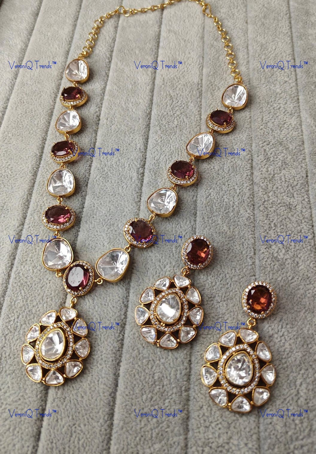 VeroniQ Trends-Party Look Polki Stone Long Necklace Polki-Gold Plated-Wedding Jewellery-Punjabi Jewellery-South Indian-Thappa Jewellery