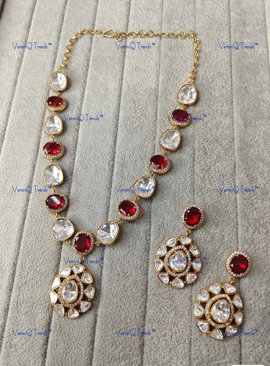 VeroniQ Trends-Party Look Polki Stone Long Necklace Polki-Gold Plated-Wedding Jewellery-Punjabi Jewellery-South Indian-Thappa Jewellery