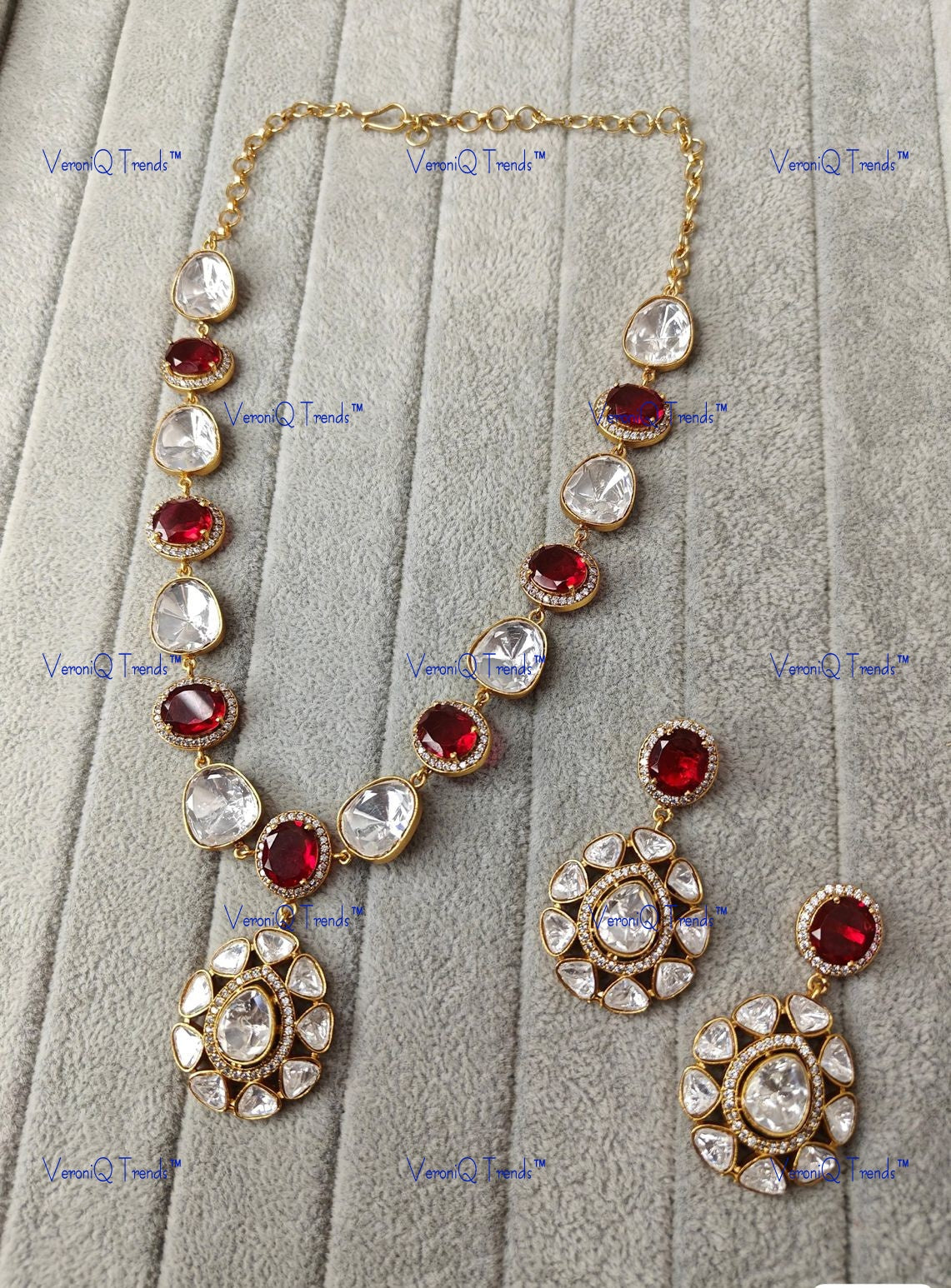 VeroniQ Trends-Party Look Polki Stone Long Necklace Polki-Gold Plated-Wedding Jewellery-Punjabi Jewellery-South Indian-Thappa Jewellery