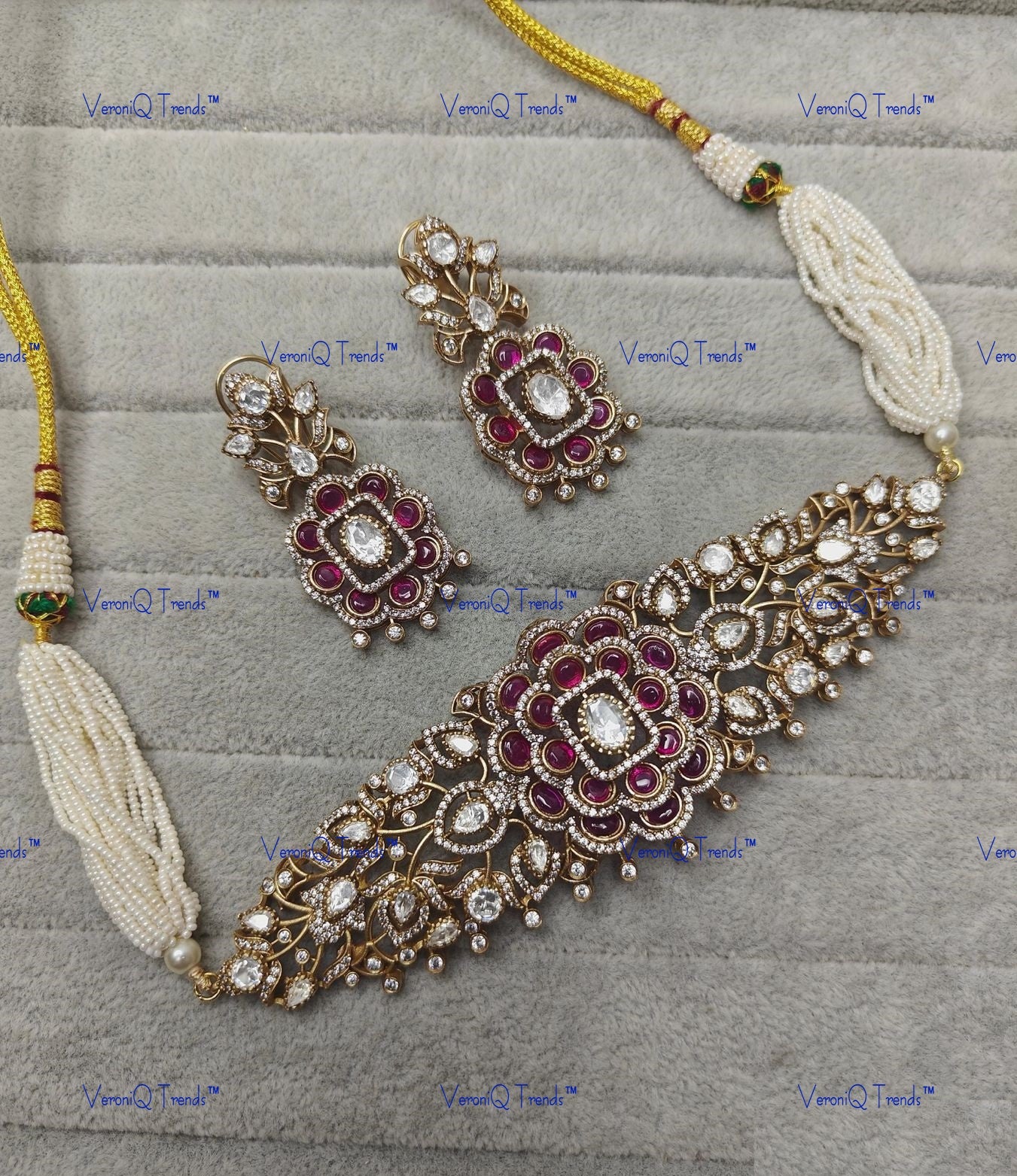 VeroniQ Trends-Multistrand Gold Plated Floral Polki Choker Necklace Polki-Gold Plated-Wedding Jewellery-Punjabi Jewellery-South Indian-Thappa Jewellery