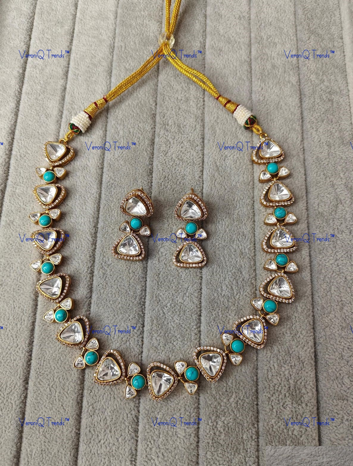 VeroniQ Trends-Elegant Gold Plated Polki Necklace Polki-Gold Plated-Wedding Jewellery-Punjabi Jewellery-South Indian-Thappa Jewellery