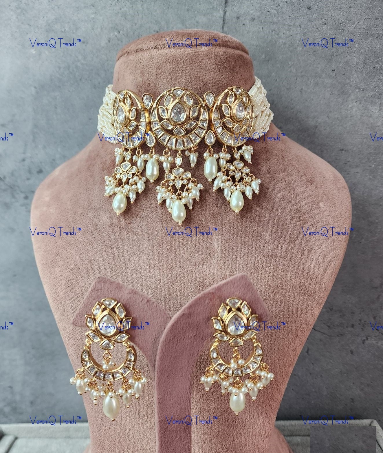 VeroniQ Trends-Multistrand Chandbali Design Gold Plated Polki Choker Necklace Polki-Gold Plated-Wedding Jewellery-Punjabi Jewellery-South Indian-Thappa Jewellery