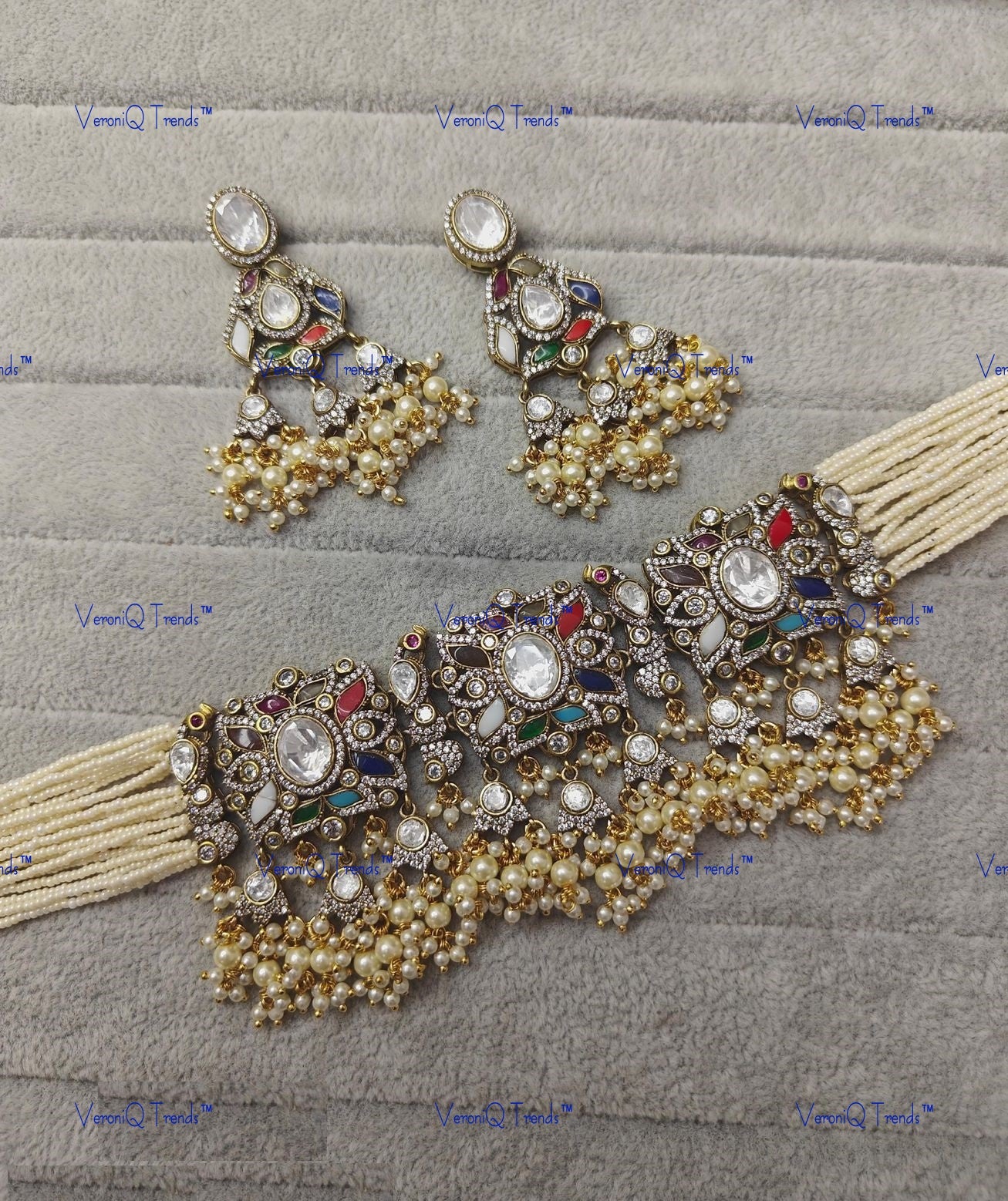 VeroniQ Trends-Multistrand Multicolor Gold Plated Polki Choker Necklace Polki-Gold Plated-Wedding Jewellery-Punjabi Jewellery-South Indian-Thappa Jewellery