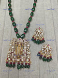 VeroniQ Trends-Green Beaded Tirupati Balaji Pendant Gold Plated Polki Temple Necklace With Peacock Motif Polki-Gold Plated-Wedding Jewellery-Punjabi Jewellery-South Indian-Thappa Jewellery