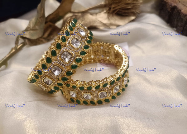 VeroniQ Trends-Emerald Green Stone and Polki Bangles Polki-Gold Plated-Wedding Jewellery-Punjabi Jewellery-South Indian-Thappa Jewellery