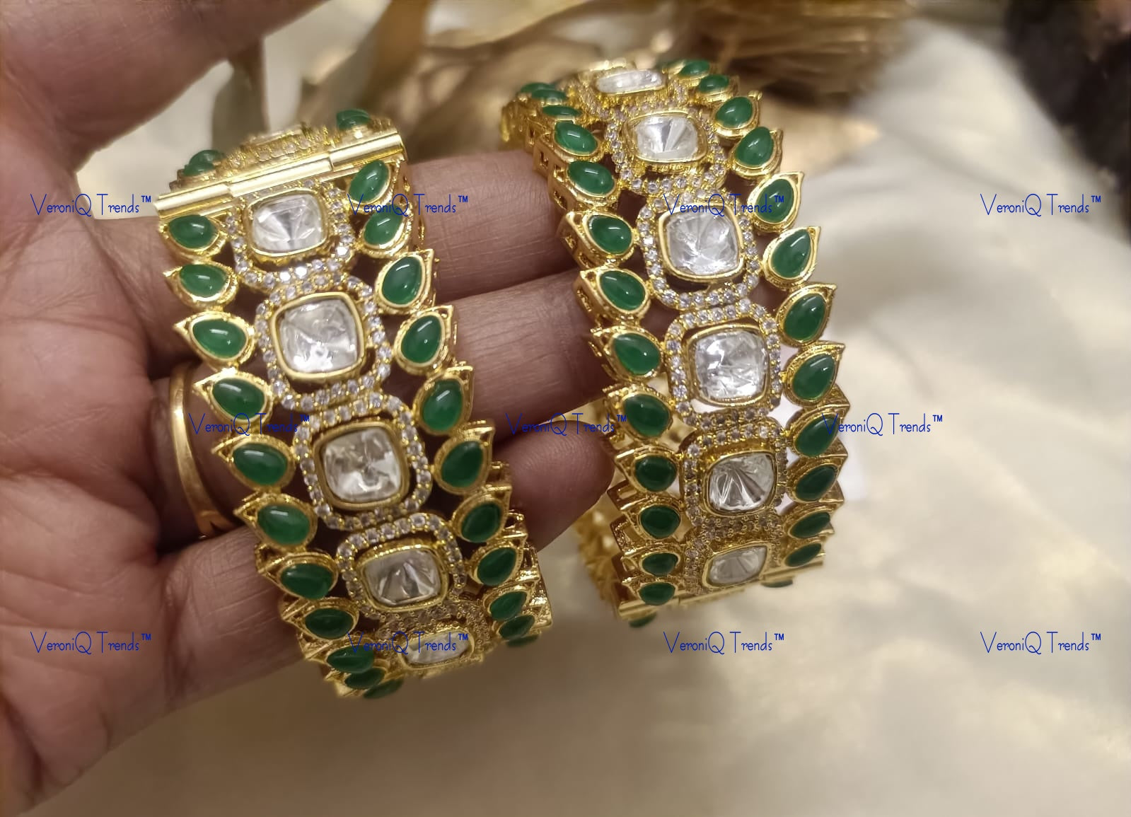 VeroniQ Trends-Emerald Green Stone and Polki Bangles Polki-Gold Plated-Wedding Jewellery-Punjabi Jewellery-South Indian-Thappa Jewellery