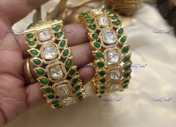 VeroniQ Trends-Emerald Green Stone and Polki Bangles Polki-Gold Plated-Wedding Jewellery-Punjabi Jewellery-South Indian-Thappa Jewellery