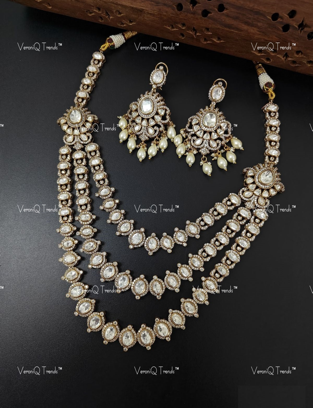 VeroniQ Trends-Royal Multi-Line Gold Plated Polki Necklace Polki-Gold Plated-Wedding Jewellery-Punjabi Jewellery-South Indian-Thappa Jewellery